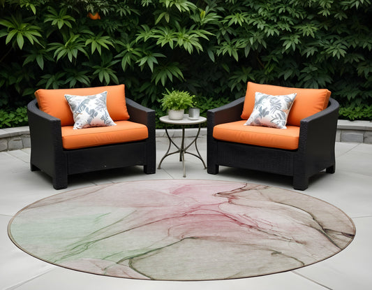 8' Round Gray and Pink Round Abstract Washable Non Skid Indoor Outdoor Area Rug-0